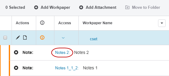 Screen capture showing where to select to edit a note displayed in the grid.
